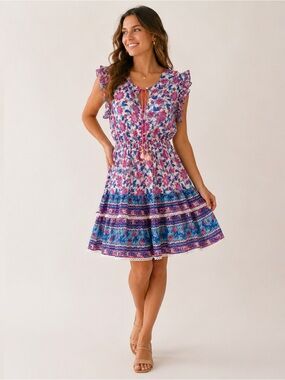 Bell Floral Tassel Tie Boho Silk Cotton Mini Dress Size L